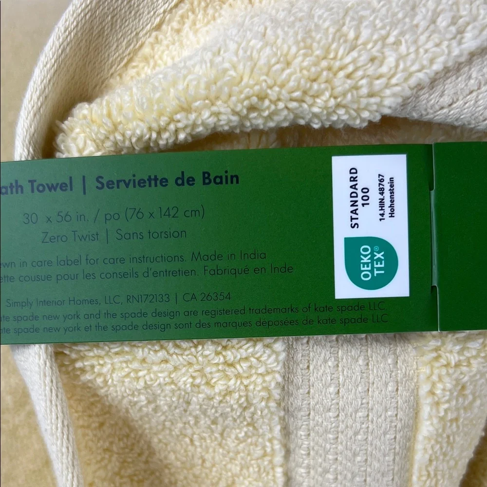 Kate Spade Soft Yellow Bath Towels Plush 100% Cotton Zero Twist Set of 2 NEW